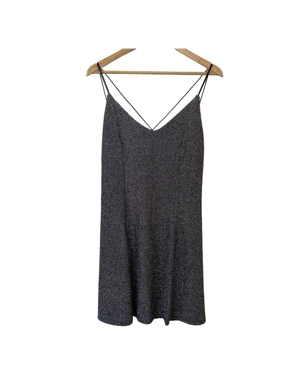 Divided H&M Sparkly Slip Dress Sz Large Silver Black Strappy Sexy Cocktail Party